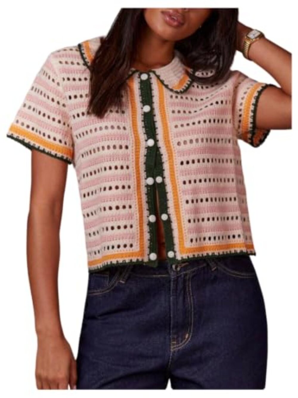 Women's Crochet Knit Striped Cardigan Short Sleeve Button Up Crop Sweater